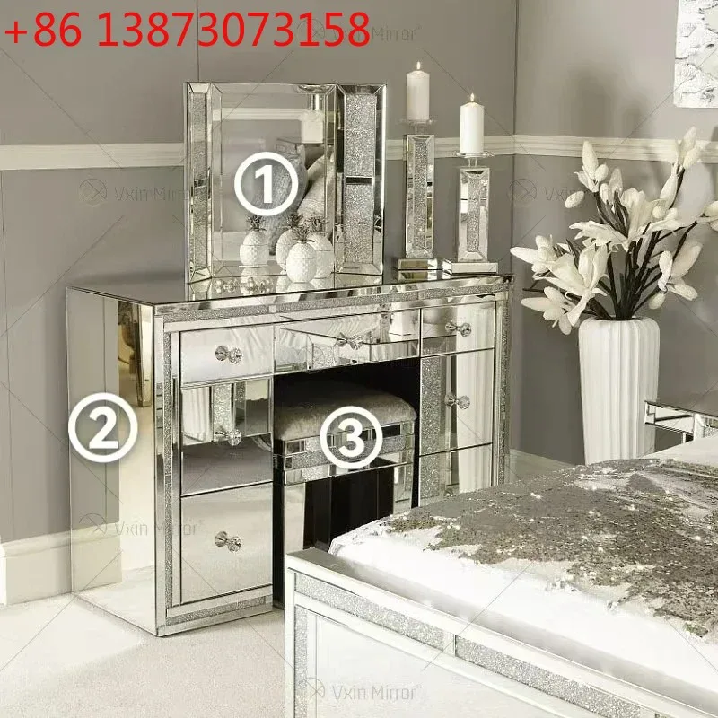 Crystal Shinny Mirrored Frame Decor Vanity Dresser Silver Glass Dressing Table For Bedroom Furniture