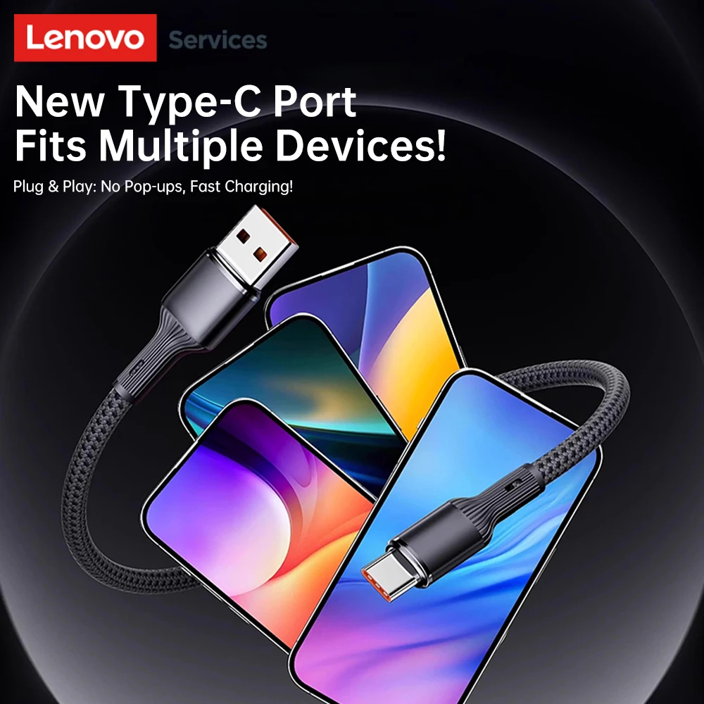 كابل بيانات Lenovo 100W 6A سريع الشحن USB/Type C إلى Type C لهاتف Samsung Huawei Xiaomi OPPO سلك نقل البيانات عالي السرعة
