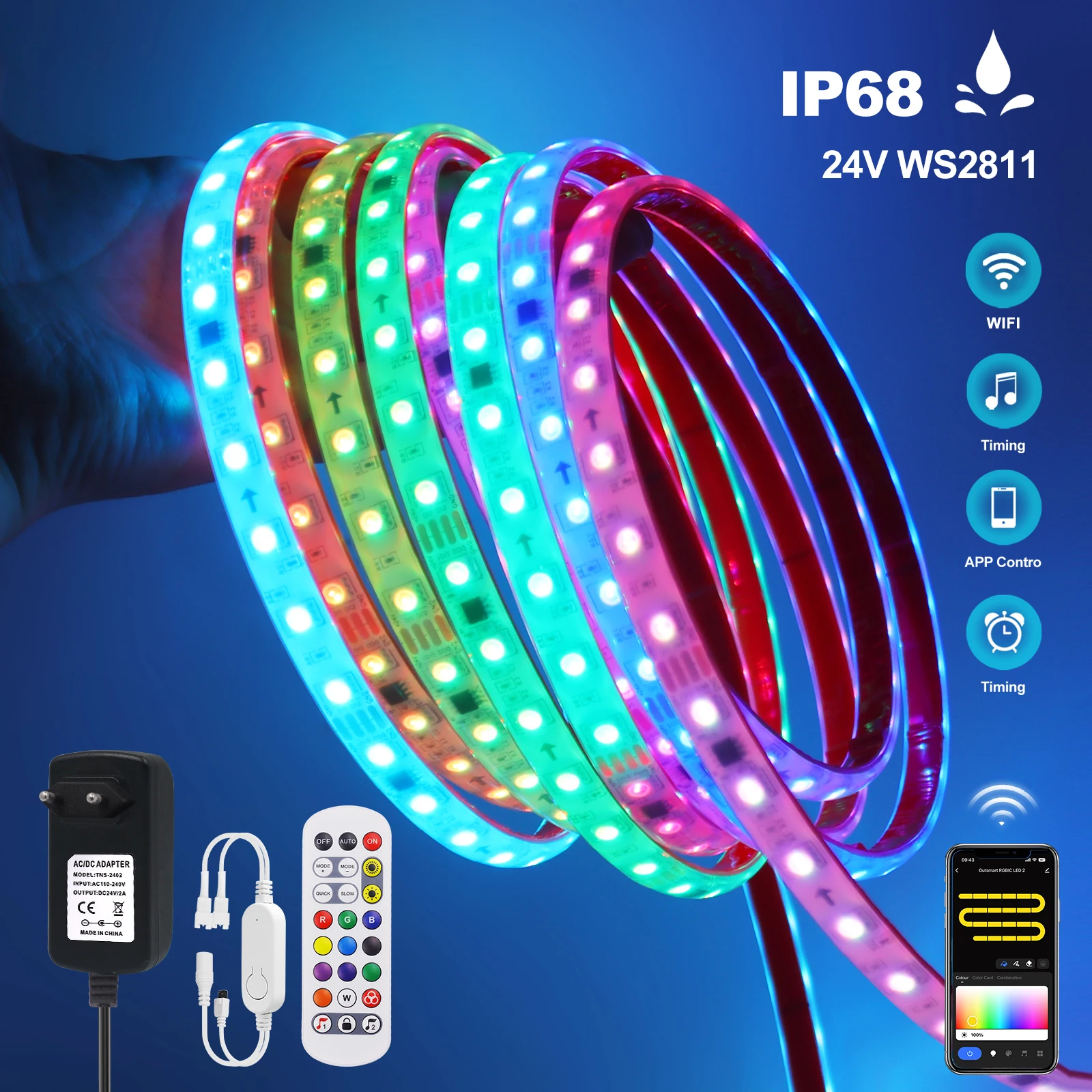 WIFI Bluetooth WS2811 RGB Led Strip Light 24V 5050 Addressable 60LEDs/m RGBIC Smart LED Tape IP68 Waterproof Ribbon Rope Lamp