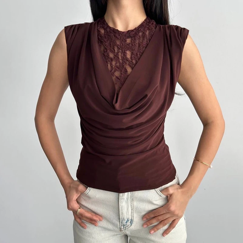 

Trendix Lace Neck Sleeveless Tank Top Women Summer Folds Splice Sexy Sheer T Shirt Street Solide Casual Party Retro Tops Female