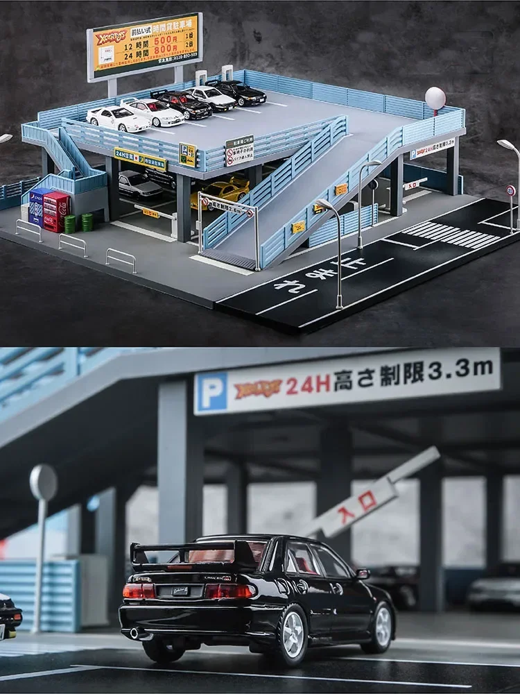 Miniaturowy podwójny park samochodowy Miniaturowy model dioramy w stylu japońskim Model samochodu Scena Podwójny garaż Parking Zabawka Prezent