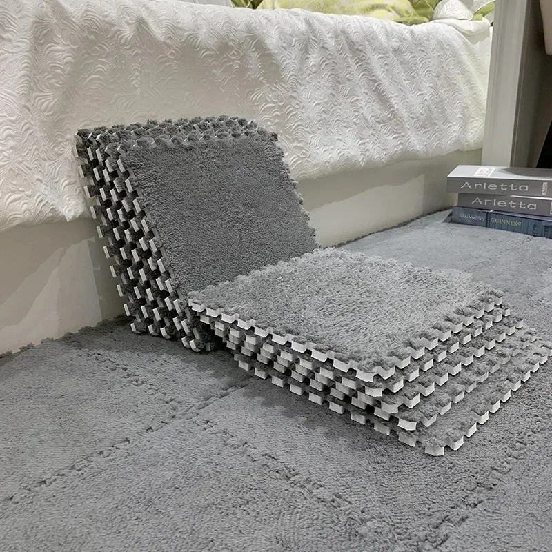 12/24/36/48PCS Grey Interlocking Carpet Shaggy Soft Foam Play Mat  Square Plush Puzzle Floor Tiles for Rooms Home Parlor Bedroom view 4