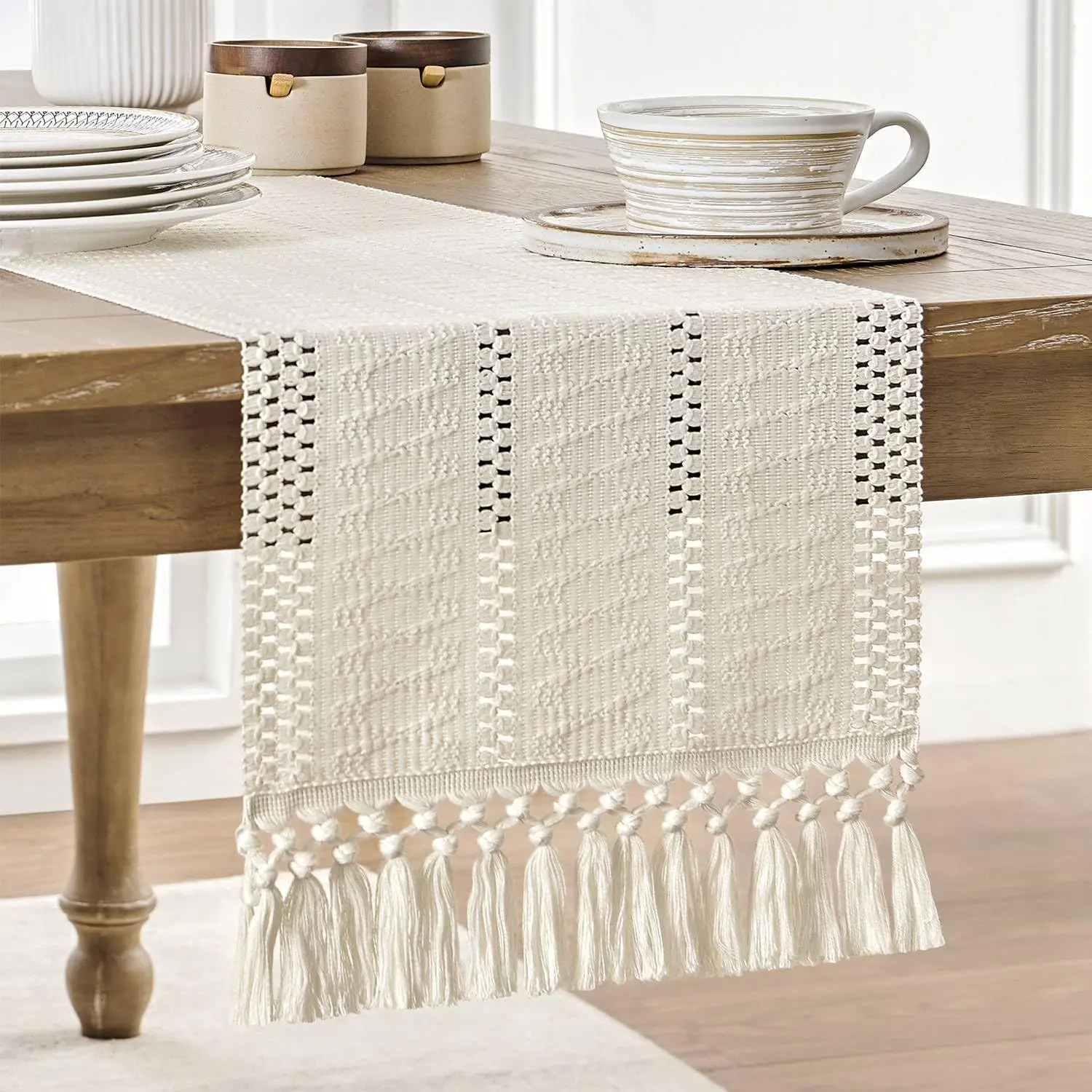 Camino de mesa bohemio Beige con borlas, camino de mesa tejido a mano, camino de mesa rústico de granja para cocina, mesa de comedor, decoración del