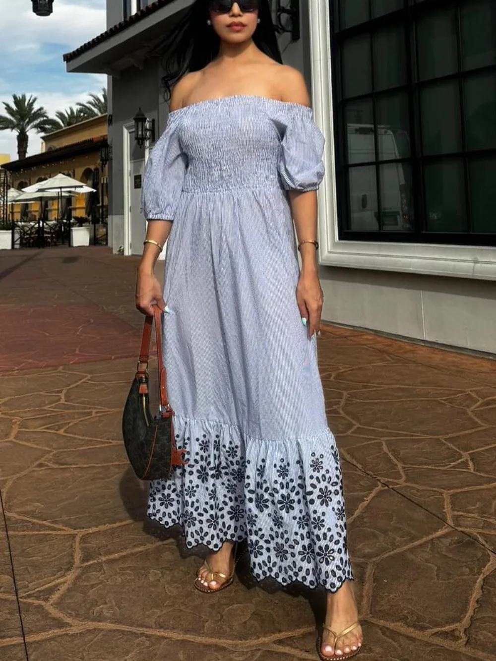 

Women Fashion Vintage Striped Maxi Dress New Black Embroidery Decoration Dress Off Shoulder Midi Dress Elegant Party Dress