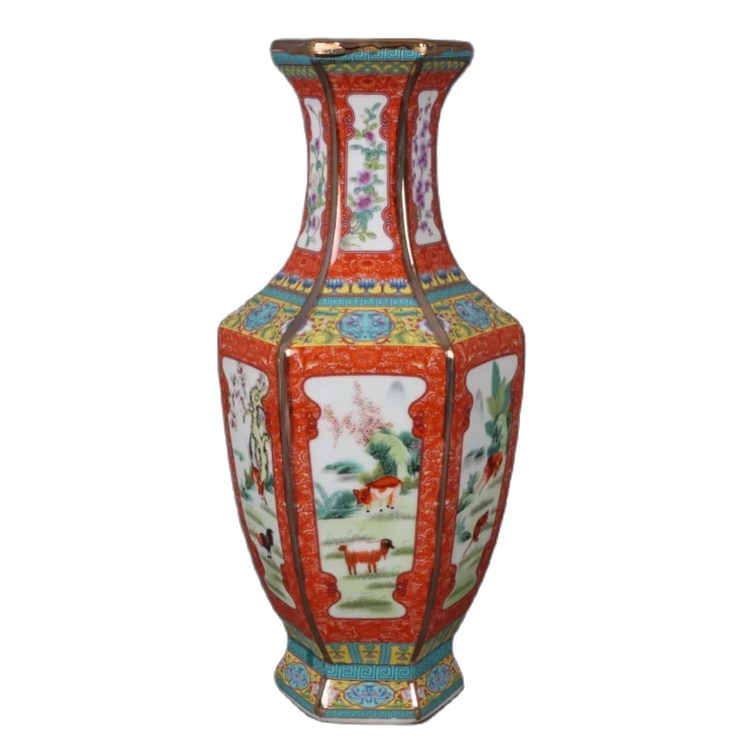 Qing Yongzheng Red Glazed Powder Colored Twelve Zodiac Pattern Hexagonal Bottle Antique Porcelain Decoration