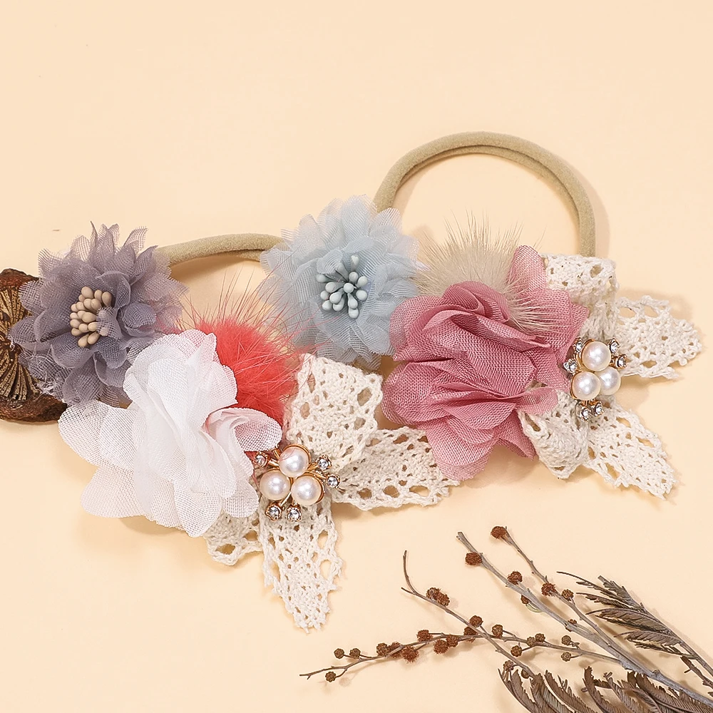 Headband For Kids Girls Cute Lace Chiffon Flower Hair Band Nylon Soft Skinny Elastic Headdress Newborn Baby Hair Accessories