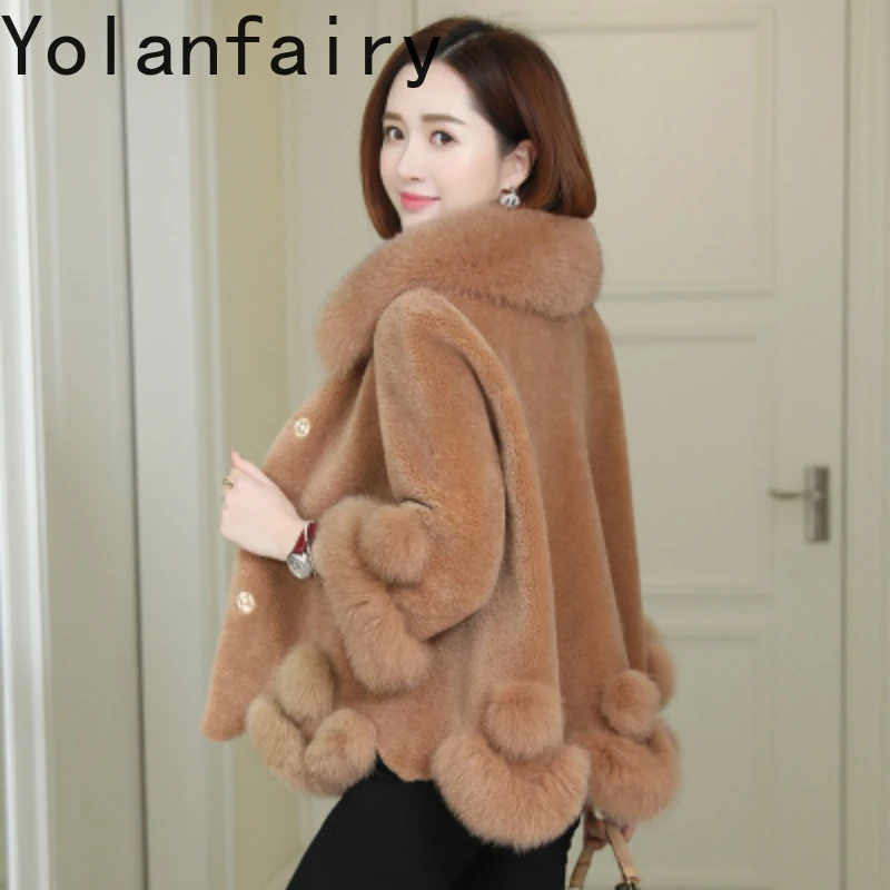 YOLANFAIRY Real Wool Clothes for Women Fur Outwears Womens Korean Fashion Winter Shearling Coat Short Fox Collar Coats New