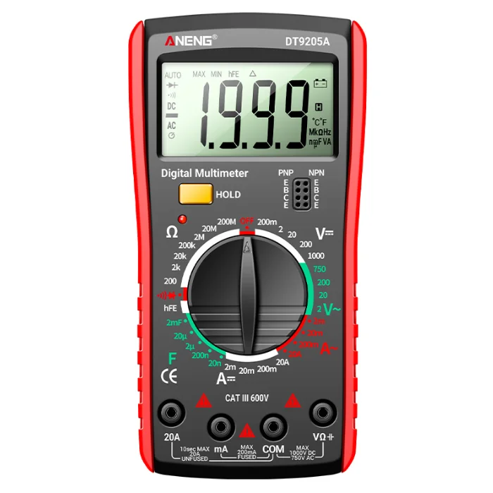 

Цифровой мультиметр DT9205A 1000В 10А: Измеритель тока и напряжения, HFE, Омметр, Измеритель емкости, Тестер целостности цепи, Диодный тестер, Инструменты электрика