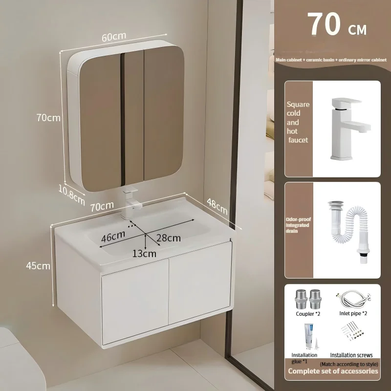 70cm Modern Minimalist Wall-Mounted Hotel Apartment Bathroom Vanity Unit White LED Illuminated Mirror Cabinet Countertop Storage view 5