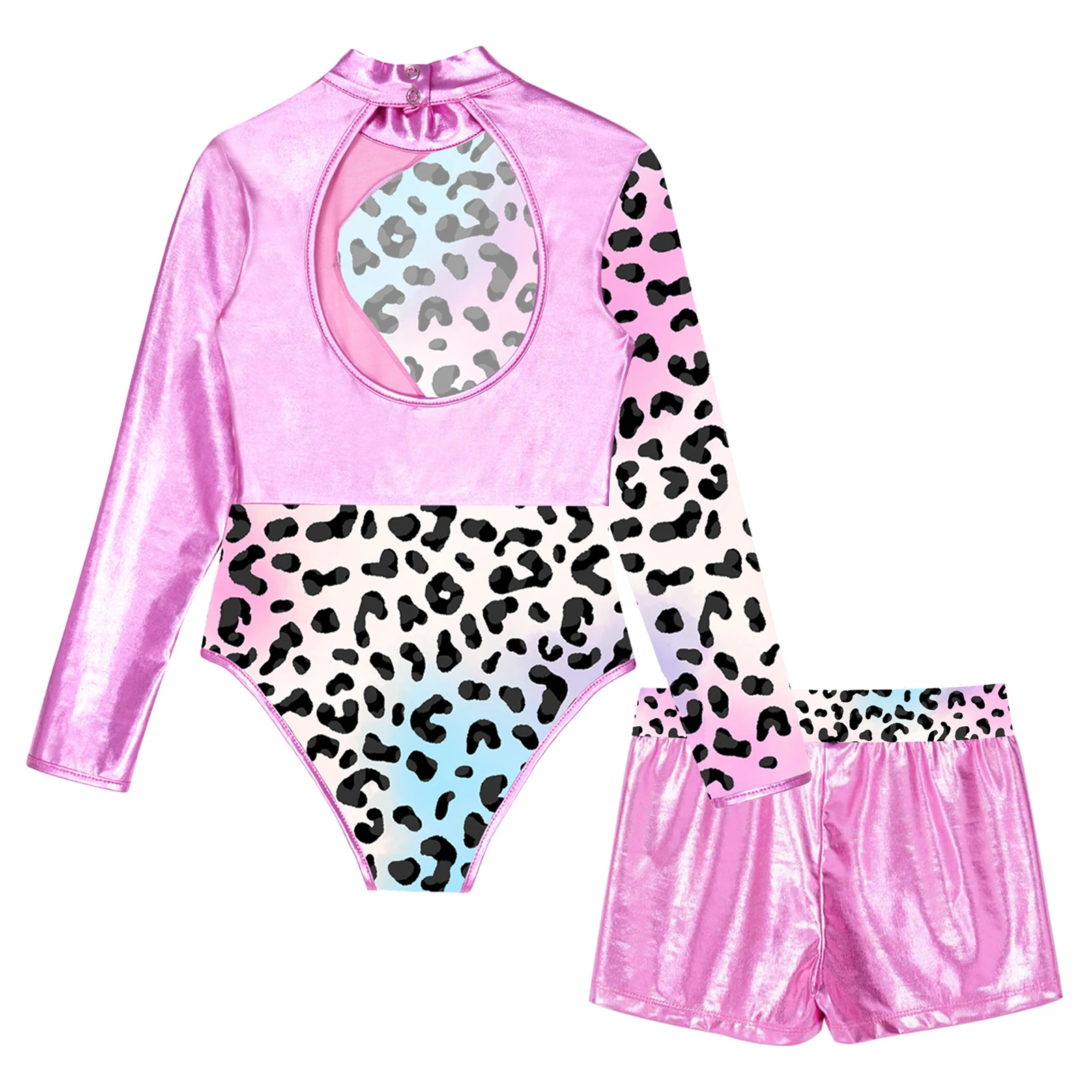 Kids Girls Ballet Dance Gymnastic Leotard Long Sleeve Print Bodysuit with Shorts for Skating Stage Performace Sports Swimwear