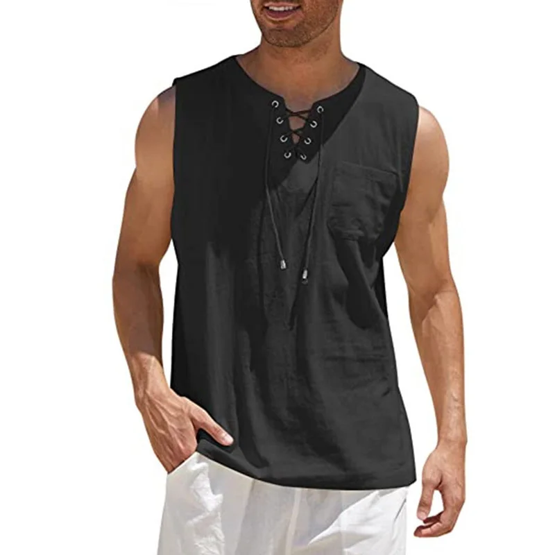 Summer Men Tank Tops Cotton Linen Tops Fashion Solid Color Sleeveless Clothes Lace Up Casual Linen Vest