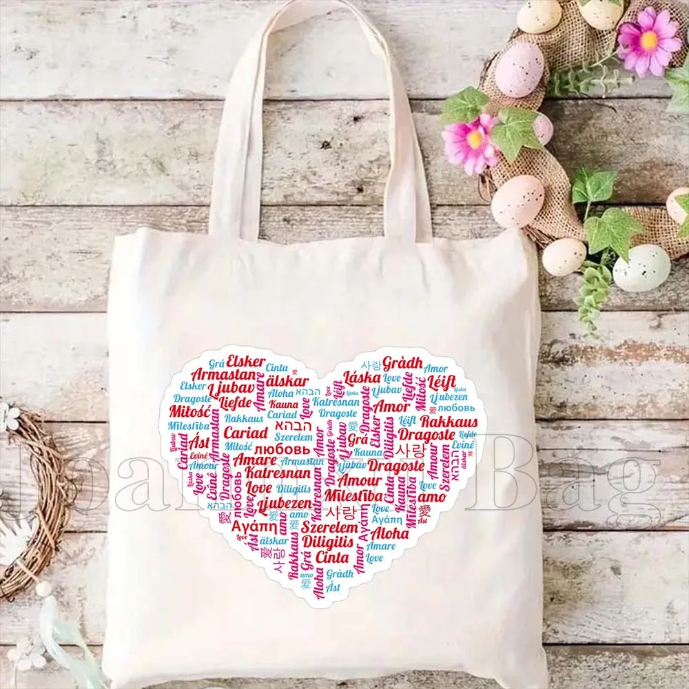 

Яркая холщовая сумка-шоппер с сердечками и радужной надписью «Любовь» на разных языках, милая, вместительная, прочная, хлопковая сумка для покупок