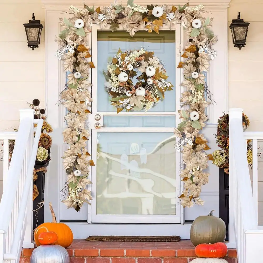 Fall Garland Artificial Maple Leaf White Pumpkin Garland with Berries Fall Thanksgiving Stair Railing Garland Home Decor