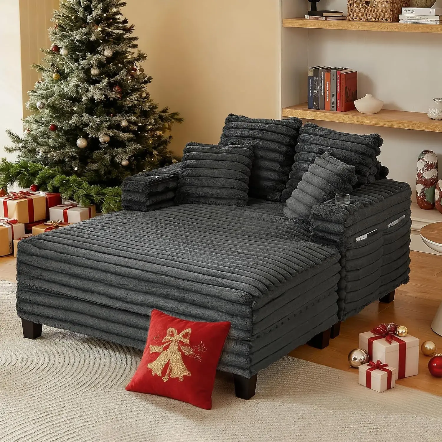 Chaise Lounge de 64 pulgadas para interiores, sillón de gran tamaño con estructura de madera, sofá cama tapizado para sala de estar, sala de películas