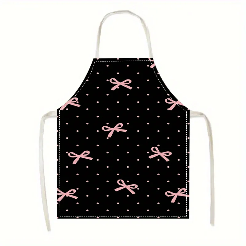 1pcLinen Apron with Pink Bow Knot Polka Dot Pattern Cute Kitchen Apron for Women Girls Cooking Baking Party Chef Gift Home Decor