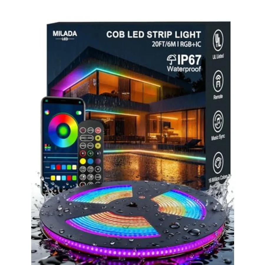 20ft/6m COB LED Strip Lights, RGB Smart IC, IP67 Waterproof, Dimmable, Color Flowing Tape Light with App Control and Music Sync