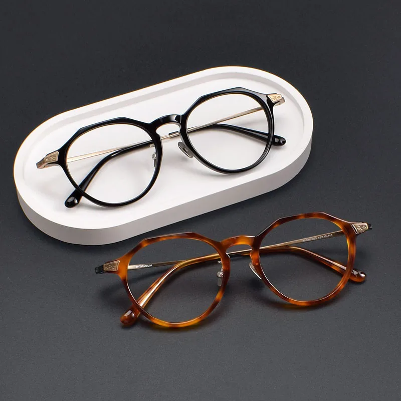 Men Women Fashion Ultra Wide Polygon Blue Print Optical Myopia Glasses Frame Big Oval Acetate Rim Carved Titanium Leg Spectacles