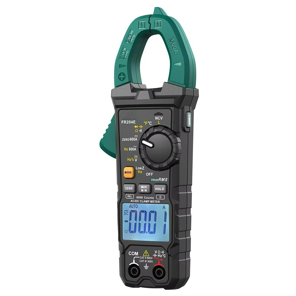 FR204E Digital Clamp Meter 6000 Count True RMS AC/DC 1000A Ohm Low z NCV Multimeter with Resistance Diode Measurement