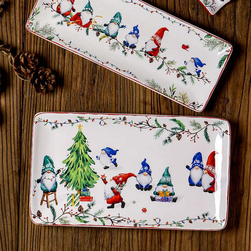 

European Retro Christmas Ceramic Plate, Exquisite Rectangular Hand Painted Tray, Fashionable Underglaze Colored Tableware