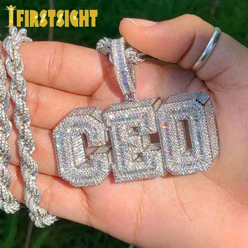 Iced Out Bling Cubic Zirconia CEO Necklace 3 D Design Two Tone Color Letters CEO Pendant Necklaces Hip Hop Men Women Jewelry