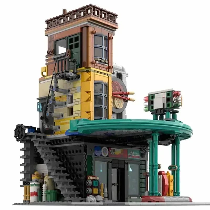 Moc blocos de construção modular vista rua posto de gasolina tijolos técnicos diy montagem brinquedos construção para crianças presentes do feriado