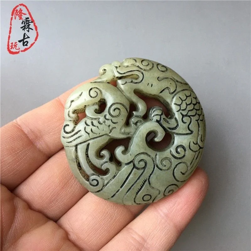 Jade Old Natural stone carving Dragon and Phoenix, Exquisite Carving of Xiu  Pendant, Picky and Old looking