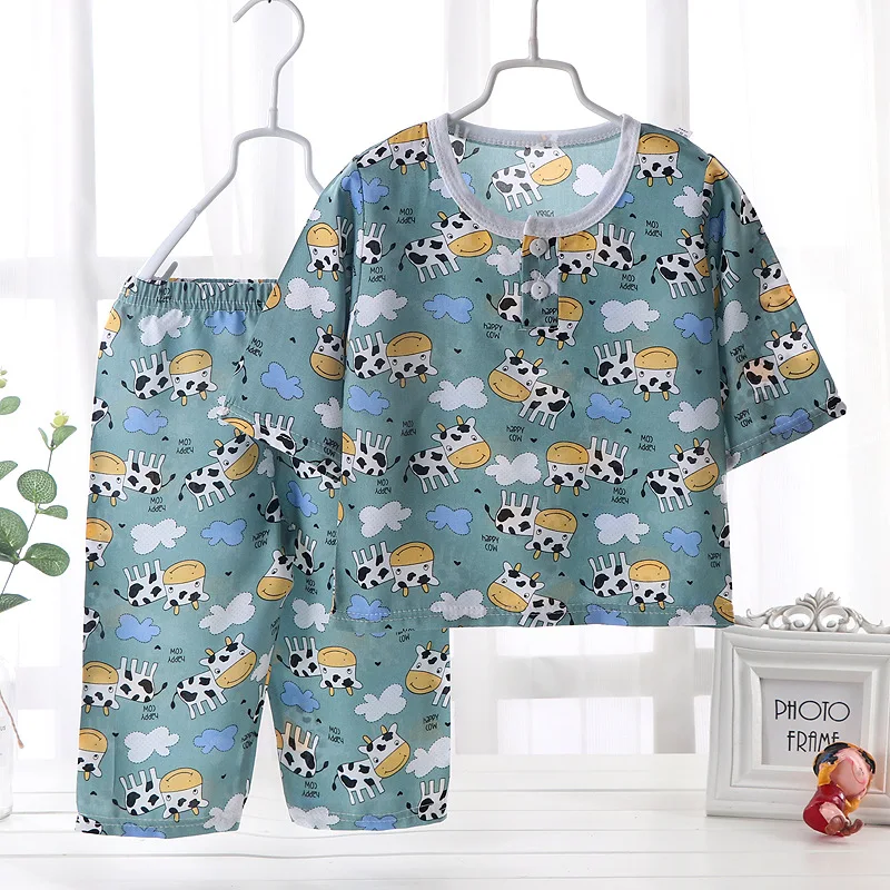 Kids Boys Girls Pajamas New 2023 Summer Thin Cute Cartoon Three-quarter Sleeve O-Neck Tops with Pants Baby Sleeping Clothes Sets
