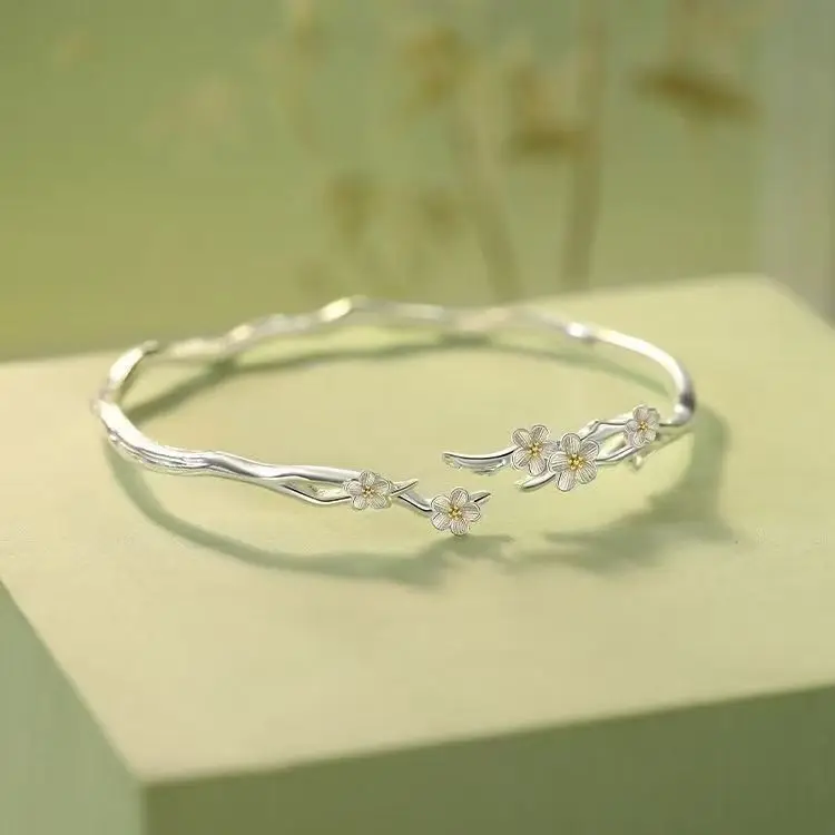 Silver Branches Adujustable Wavy Bangle Delicate Plum Blossom Metal Bracelet Oriental Minimal Floral Wrist Jewelry Asian Style