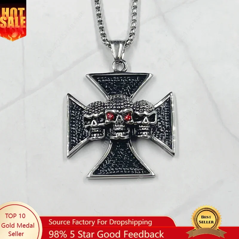

Men's Stainless Steel Black Knight Temple Cross skull Pendant Necklace with rhinestone Fashion Retro Punk Style Jewelry