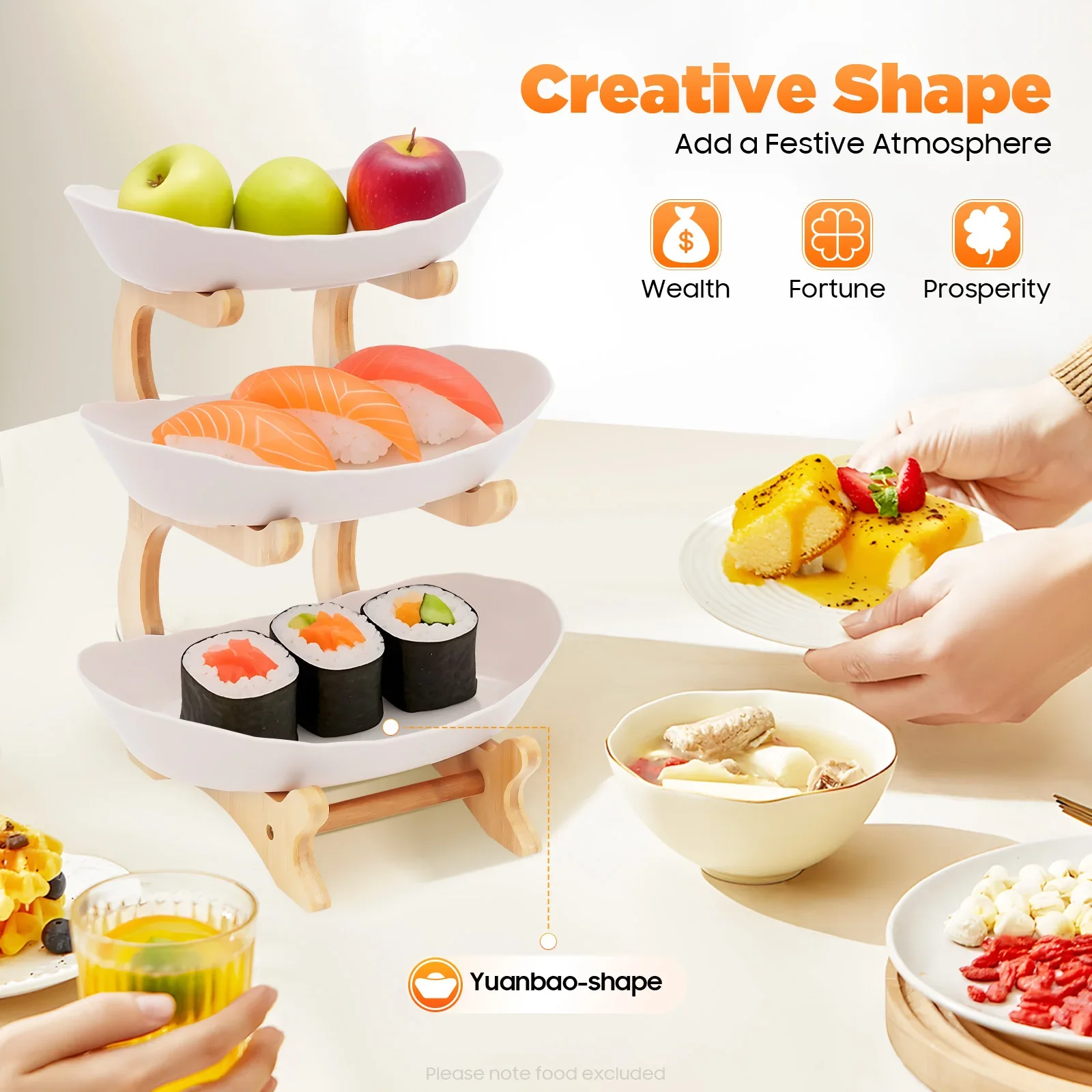 حامل فواكه من الخيزران مكون من 3 طبقات، أوعية من البولي بروبيلين من الدرجة الغذائية، تصميم قابل للتكديس لوجبات الفواكه والوجبات الخفيفة وكعكة الحلوى، صينية تقديم المنزل والحفلات #2