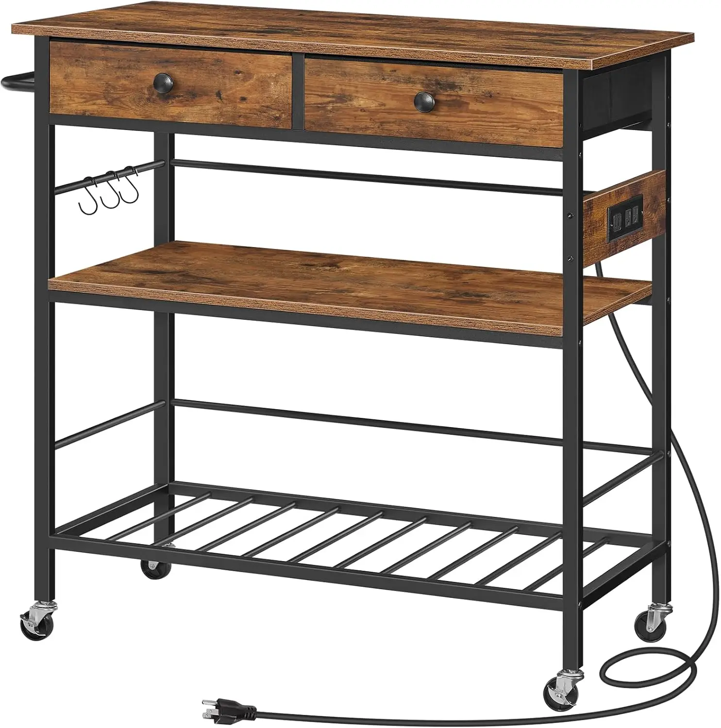 Hoobro Kitchen Island With Storage, Rolling Island Cart For Kitchen With 2 Drawers & Outlet, 3 Tier Coffee Station And