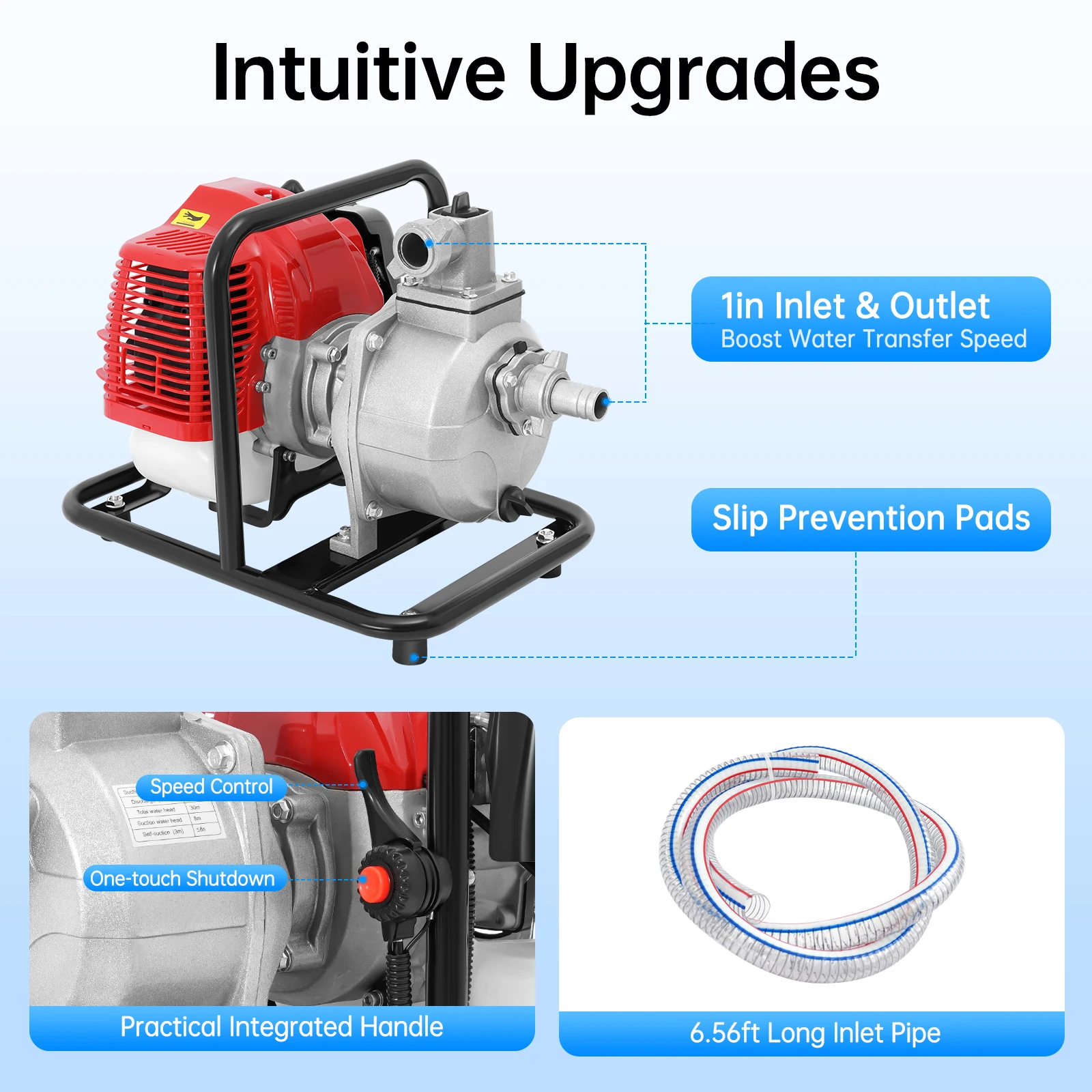 2-Stroke Water Pump with 2m Water Inlet Pipe 43cc 1.25kw Air-cooled Portable Water Pump for Tank Filling Sprinkler Washing