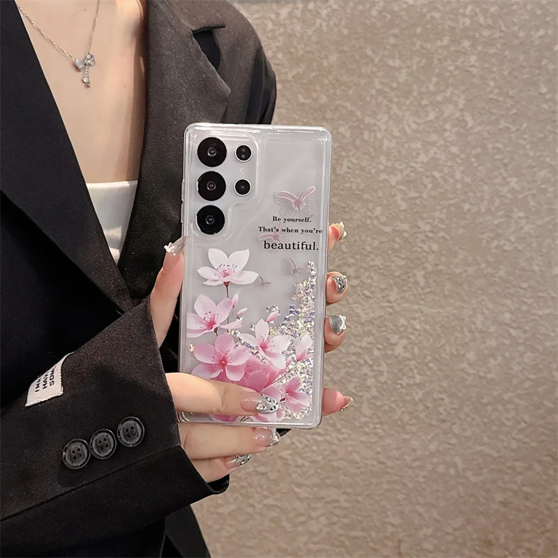 Glitter strass areia movediça caso para samsung s23 s24 s25 ultra flores silicone claro movendo areia capa dinâmica escudo líquido