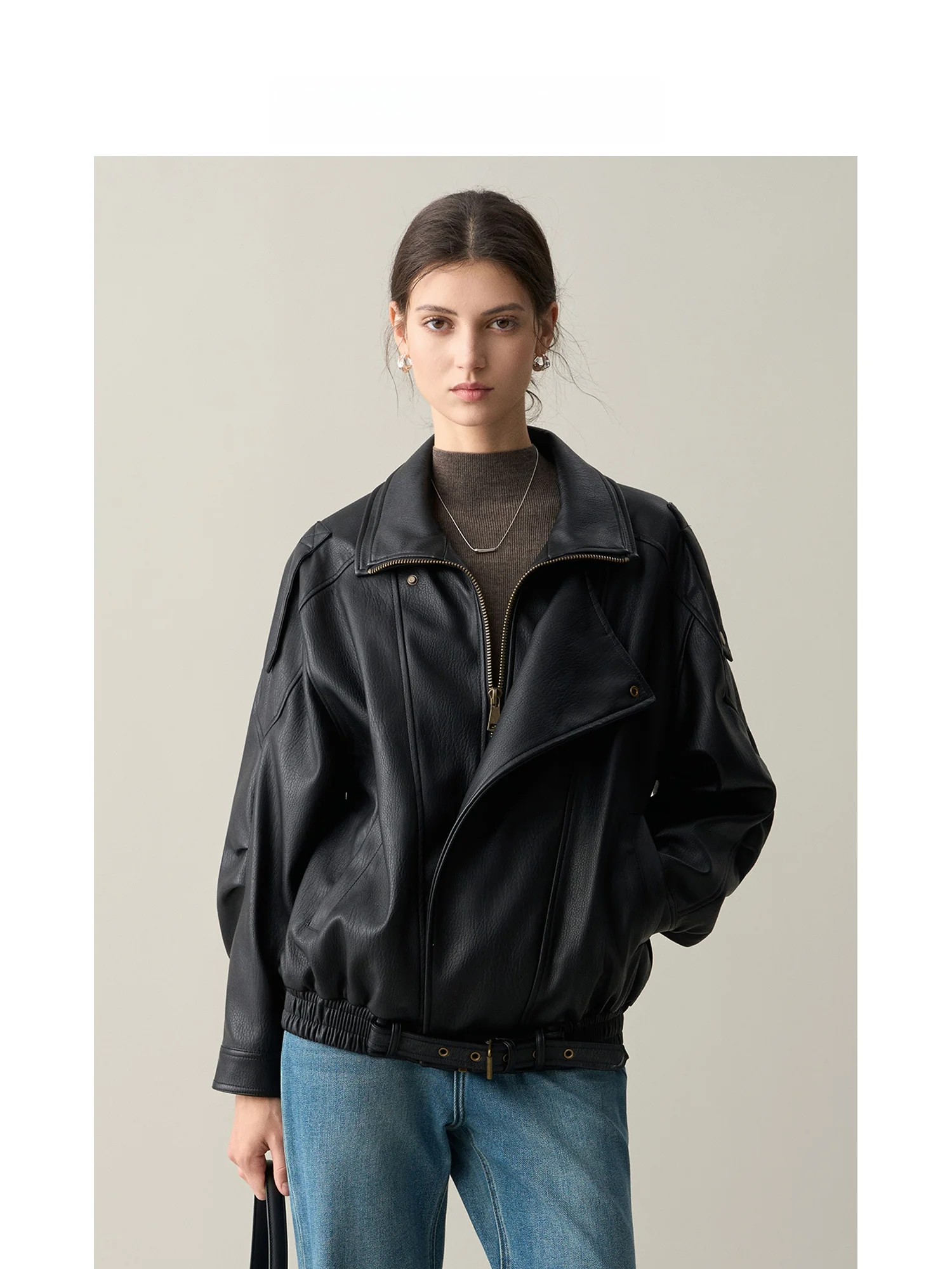 Ruiqia Jieji Modische Umweltfreundliche Lederjacke mit Doppelkragen und Schrägknopfverschluss, Farbige Retro-Arbeitsjacke für Damen