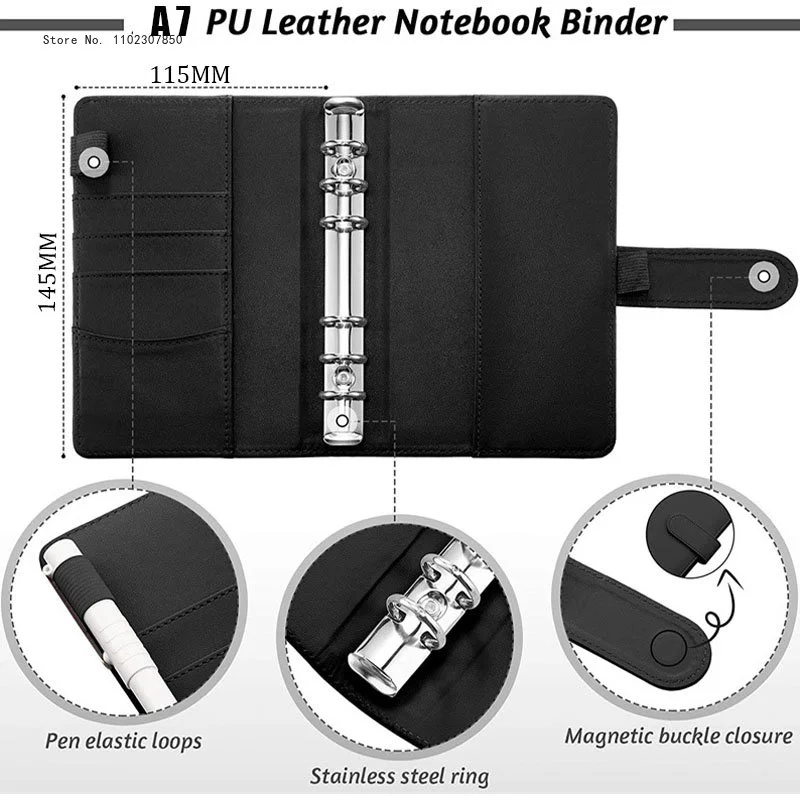 A7 Pu Leather Budget Binder Notebook Cash Envelopes System Set Clip-On Binder Pockets for Money Budget Saving Bill Organizer
