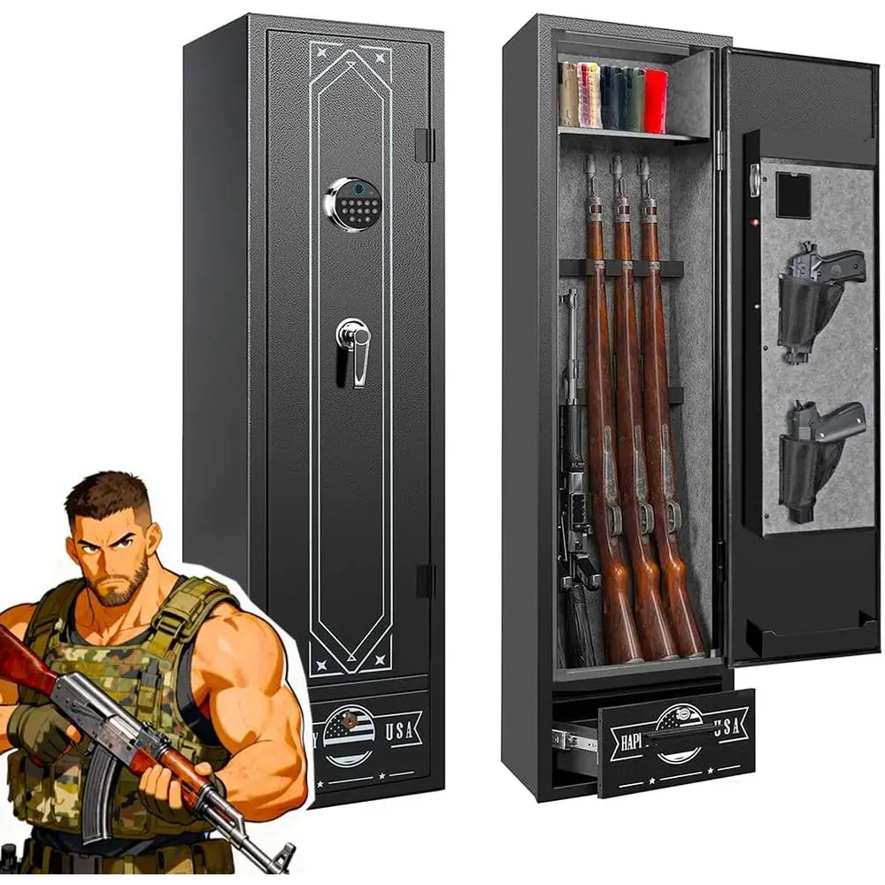 

Биометрический сейф для хранения 5-6 оружейных прицелов с быстрым доступом, съемной полкой и отсеком для пистолетов, цифровым кодовым замком