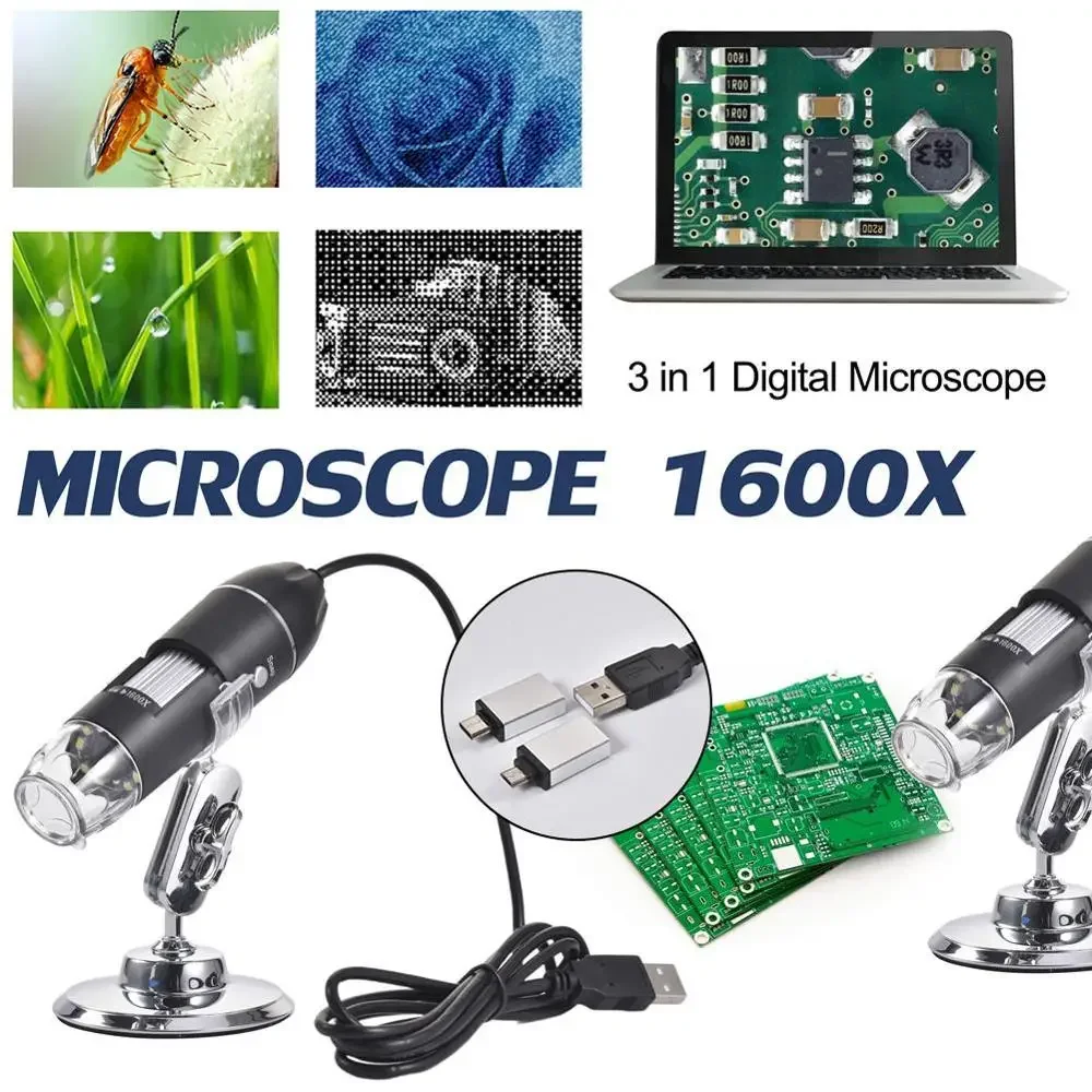 2PCS Adjustable 1600X 2MP 1080P 8 LED Digital Microscope Type-C/Micro USB Magnifier Electronic Stereo USB Endoscope For Phone PC