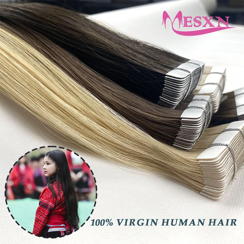 MESXN Virgin Straight Tape In Extensions Real Human Hair Natural Hair Extension 12"-22" Brown Blonde Invisible Tape In For Salon