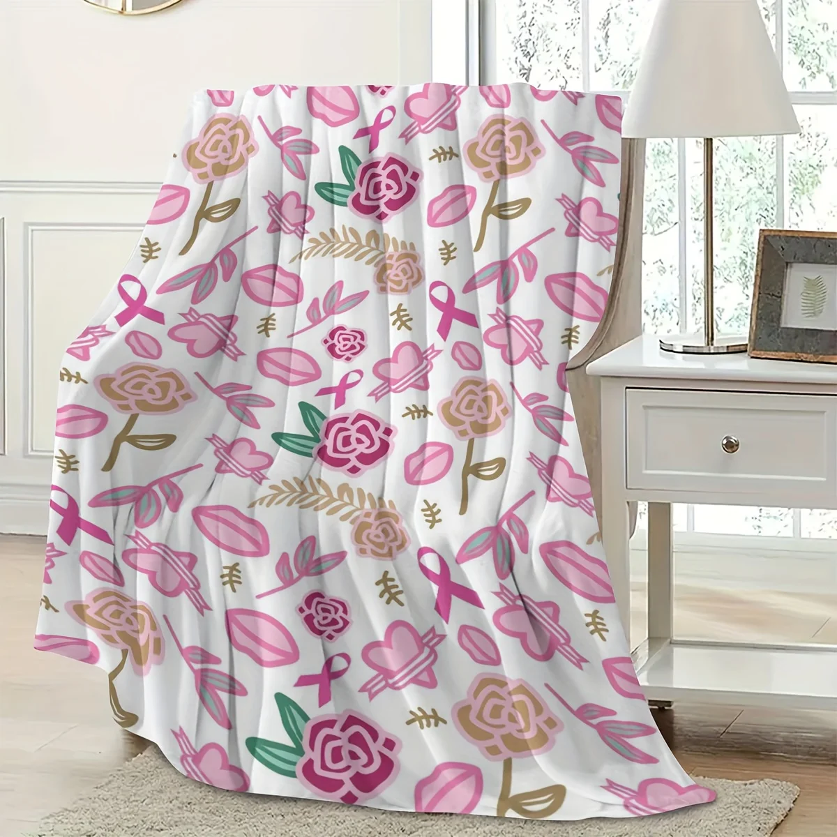1pc Breast Cancer Awareness Ribbon Plush Fleece Blanket - Pink & Golden Bedspread, Luxury Couch Throw & Travel Companion