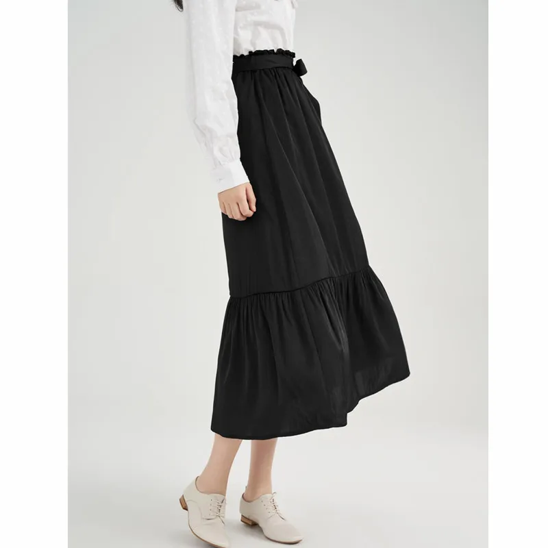 INMAN Elegant Spring Women's Skirt Casual A-line Literary Lotus Leaf Skirts For Women Loose Pleated Office Lady Skirt With Belt