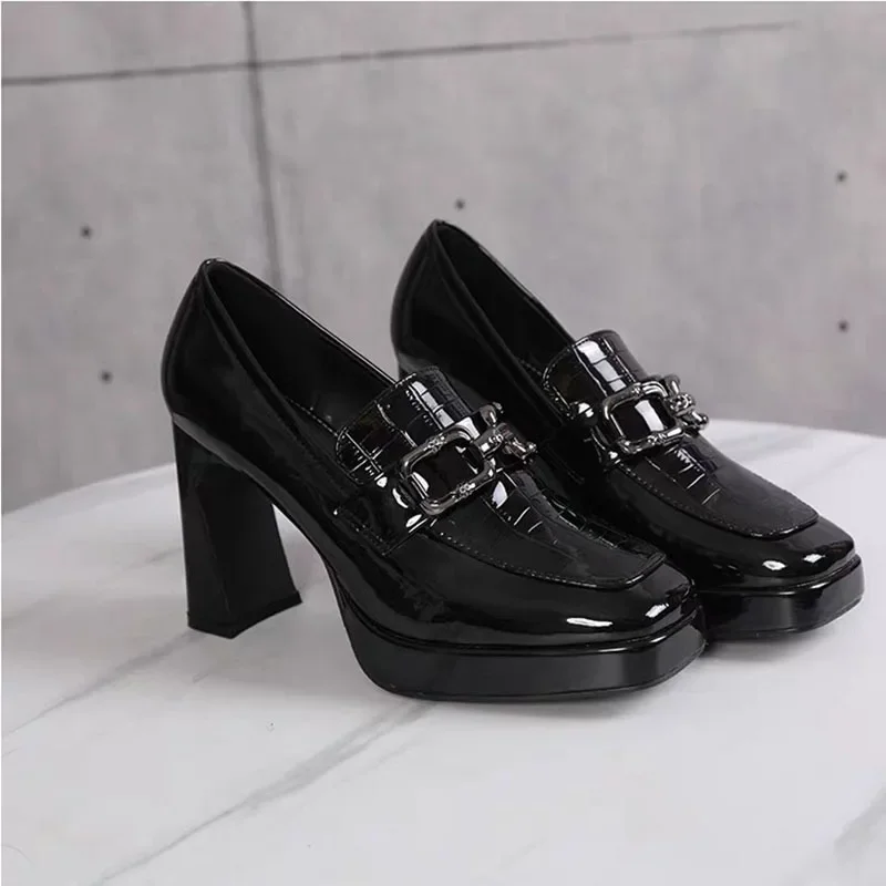 Autumn 2023 New Loafers Shoes Women\'s Fashion Retro Metal Buckle Single Shoes Women\'s Casual PU Leather Shoes Heels Women Pumps