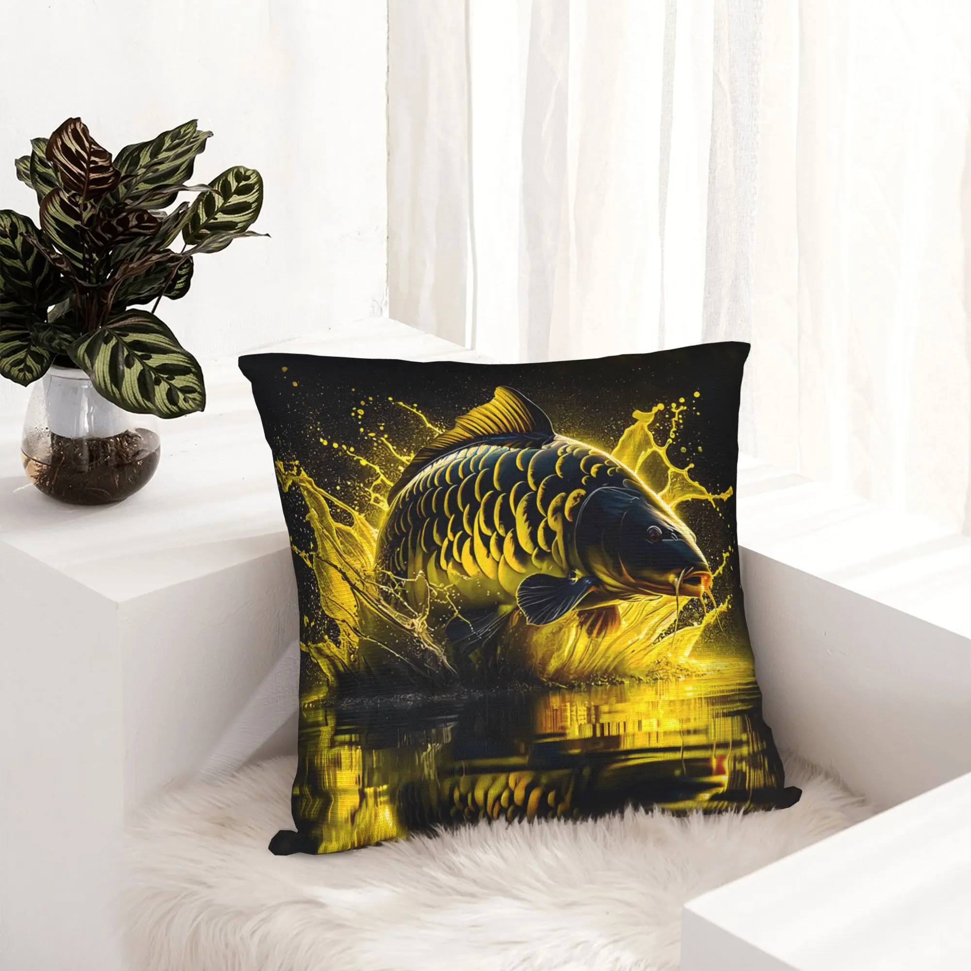 Cool Carp Fishing Pillow Case, Golden Fish Lightning Art Cushion Cover, Outdoor Sports Home Decor for Sofa Bedroom Living Room