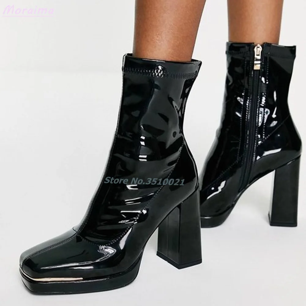 

Square Toe Metal Trim Stretch Ankle Boots Patent Leather Chunky Block Heel Side Zipper Black Solid Color Sexy European Style