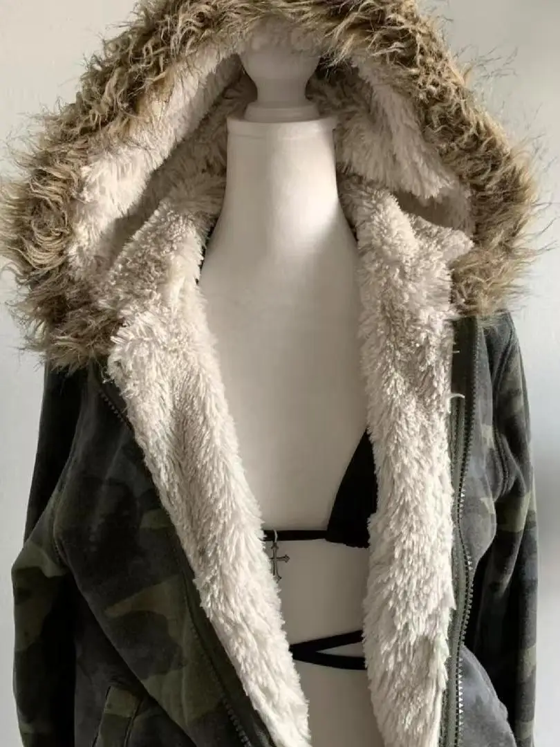 

Gagaok американская ретро винтажная одежда женская куртка осень-зима меховой воротник камуфляжный кардиган толстовка утягивающие куртки