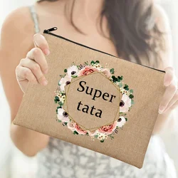 Best Gifts for Tata Super Tata Wreath Print  Linen Zipper Pouch Travel Toiletry Organizer Cosmetic Bag Women Neceser Makeup Bags