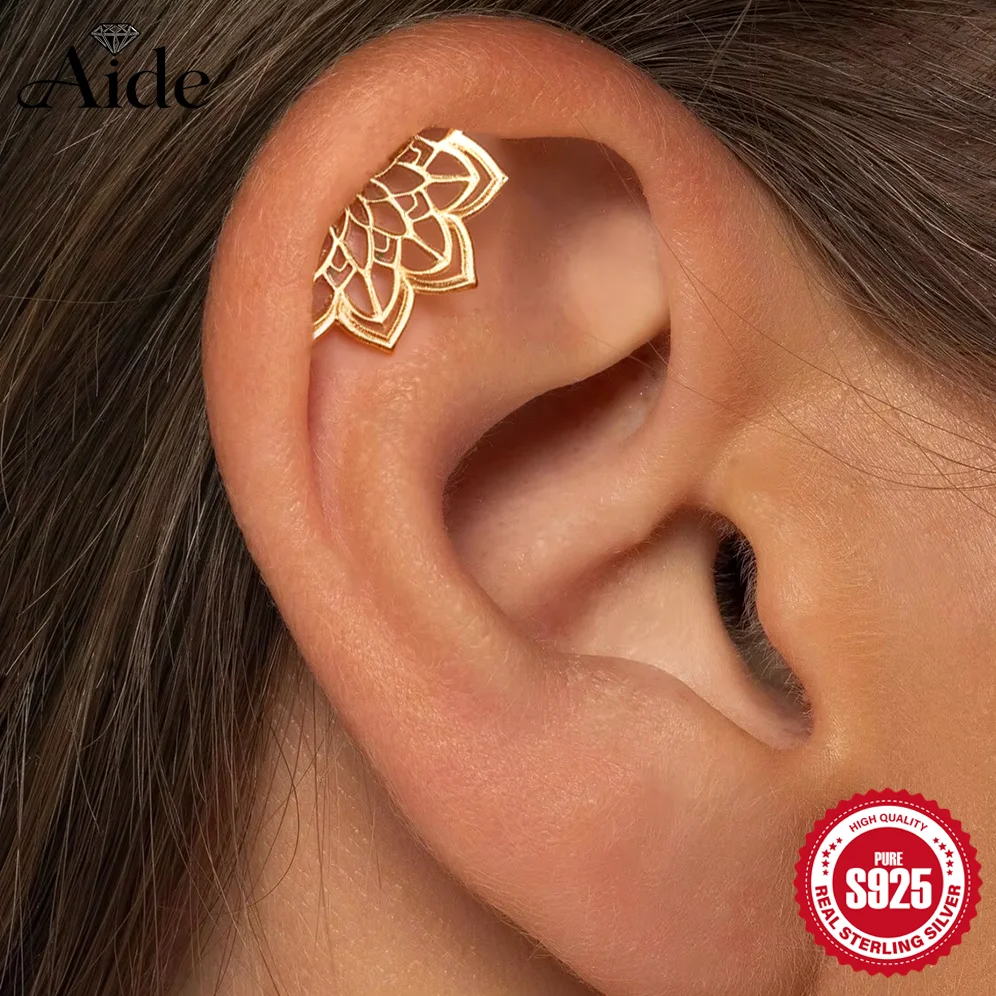 AIDE 925 Sterling Silber glänzender hohler Lotusblüten-Kronen-Ohrstecker mit flacher Rückseite und Innengewinde für Damen – INS Zierlicher Luxus