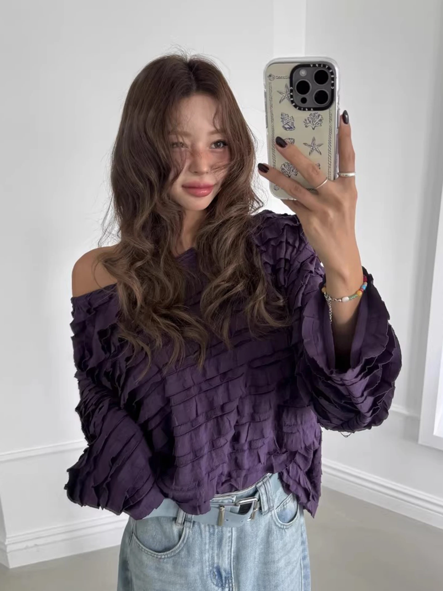 

Женская блузка с длинным рукавом, открытыми плечами и боковым воротником, свободного кроя, из полиэфирного волокна, для повседневной носки, весенняя новинка