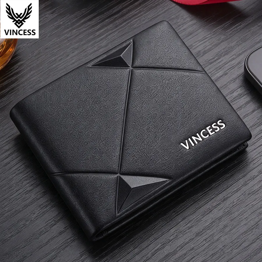 VINCESS New Men's Wallet Men's Genuine Leather RFID Anti-Theft Brush Retro Cowhide Mini Purse Credit Card ID Holder Purse