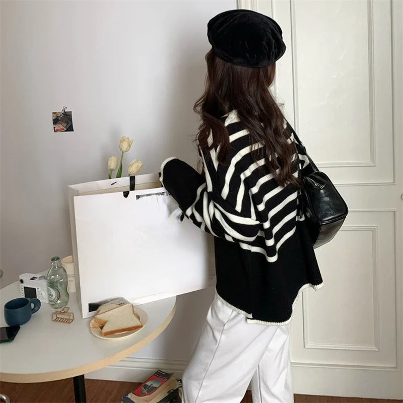 Pullovers Women Elegant England Style Ulzzang Retro Striped Baggy Mujer Daily O-neck All-match Students Casual Simple Stylish