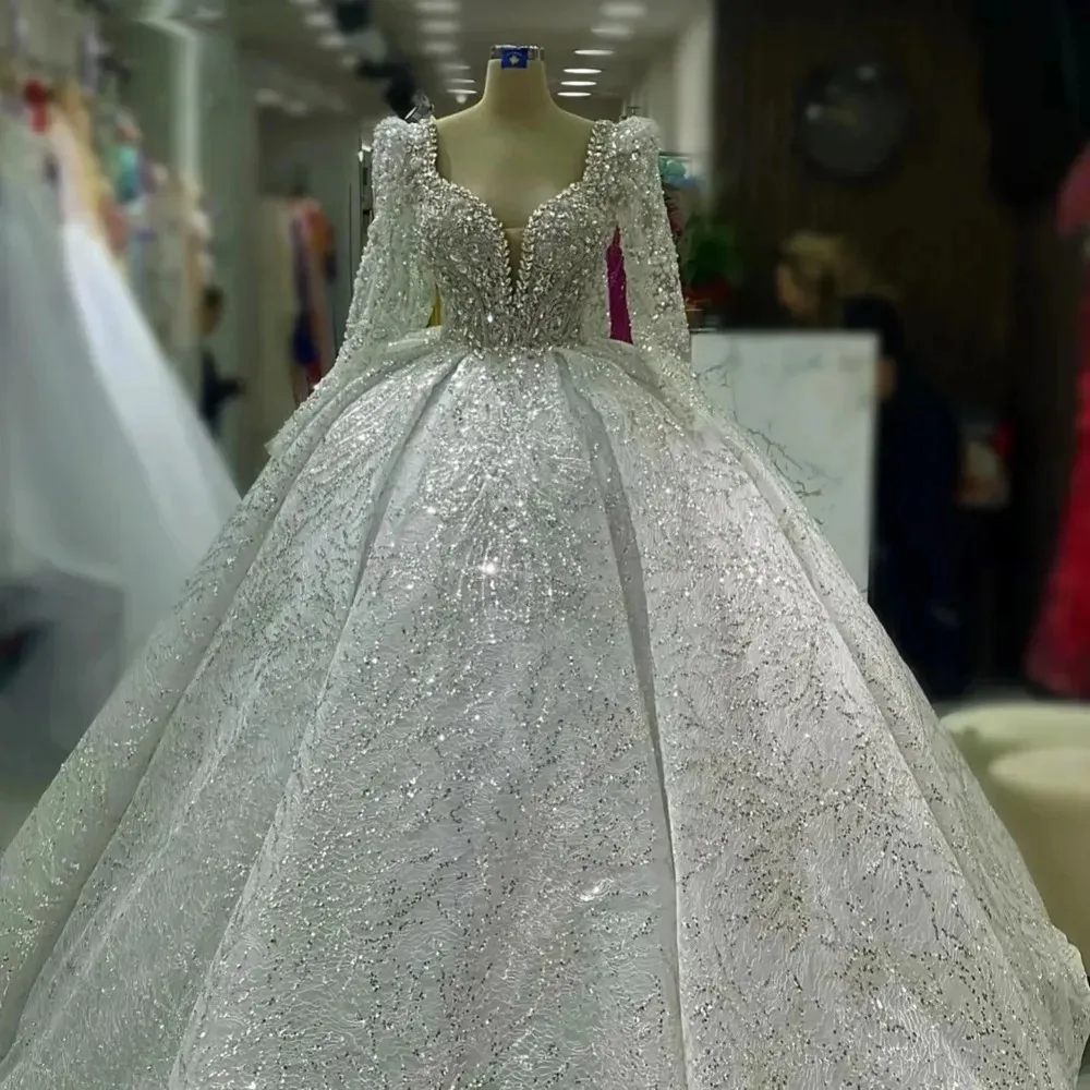 

Customized New Luxury Lace Beaded Crystals Wedding Dresses Long Sleeve Muslim Bridal Dresses Robes Ball Gown Vestidos de novia